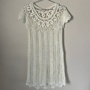 Mumu Mellow Crochet The Day Away Beige Cream Short Sleeve Dress Coverup Size M